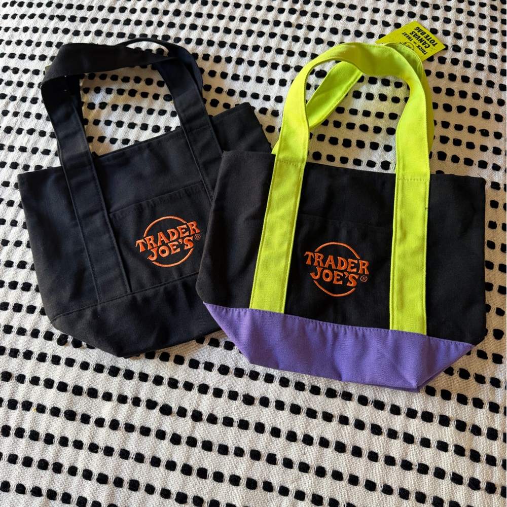 🔘Trader Joe's set of 2 MINI Canvas Totes with Orange Logo